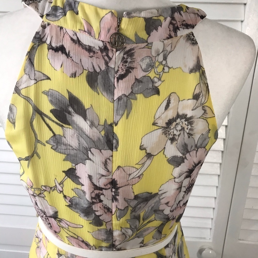 Price is firm TOMMY HILFIGER Yellow Floral Print Belted Midi Dress Size 4 - Picture 7 of 9